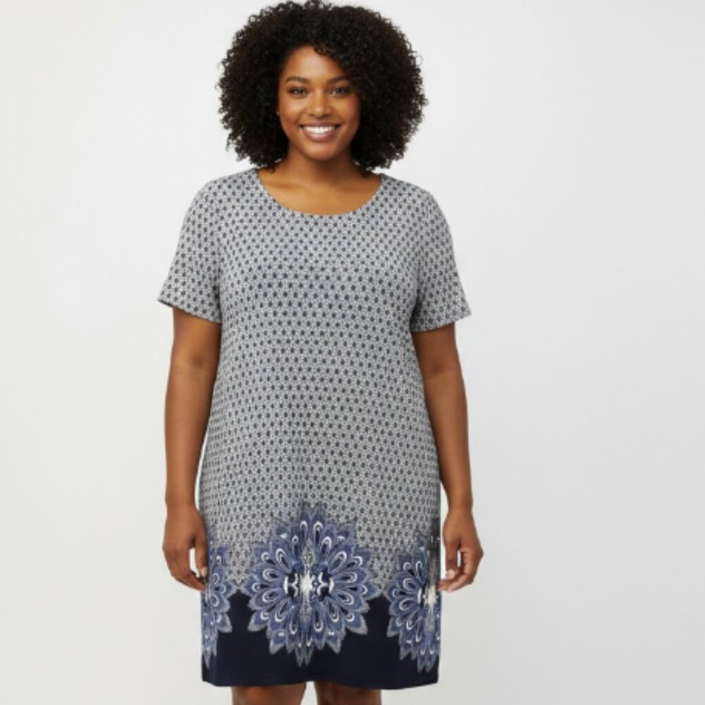 Estelle size 2X Blue White Floral Abstract Geometric Stretch Shift Dress